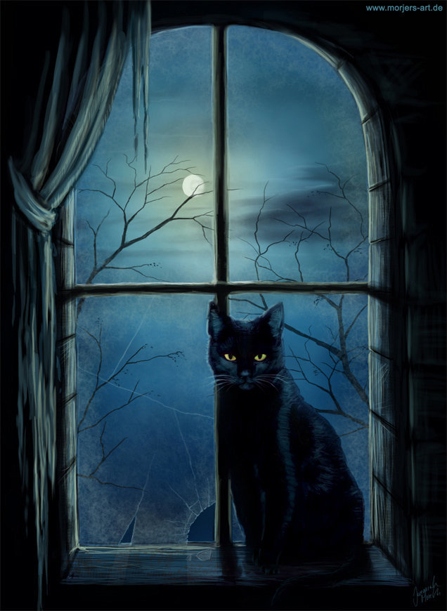 черный кот - окно, луна, полнолуние, магия, черный кот - оригинал