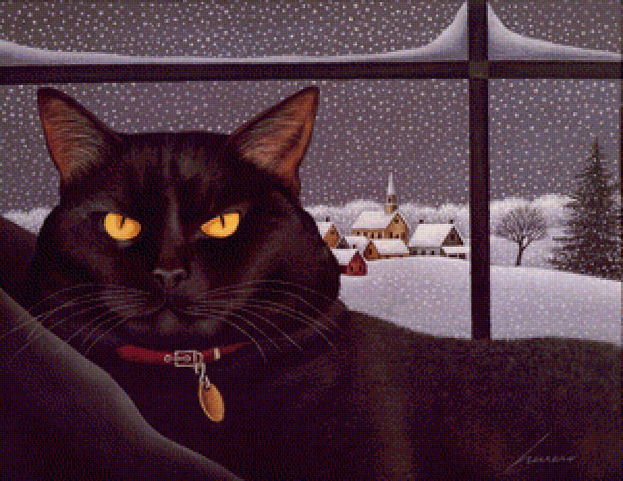благородный кот - снег, черный кот, окно, кот, зима - предпросмотр