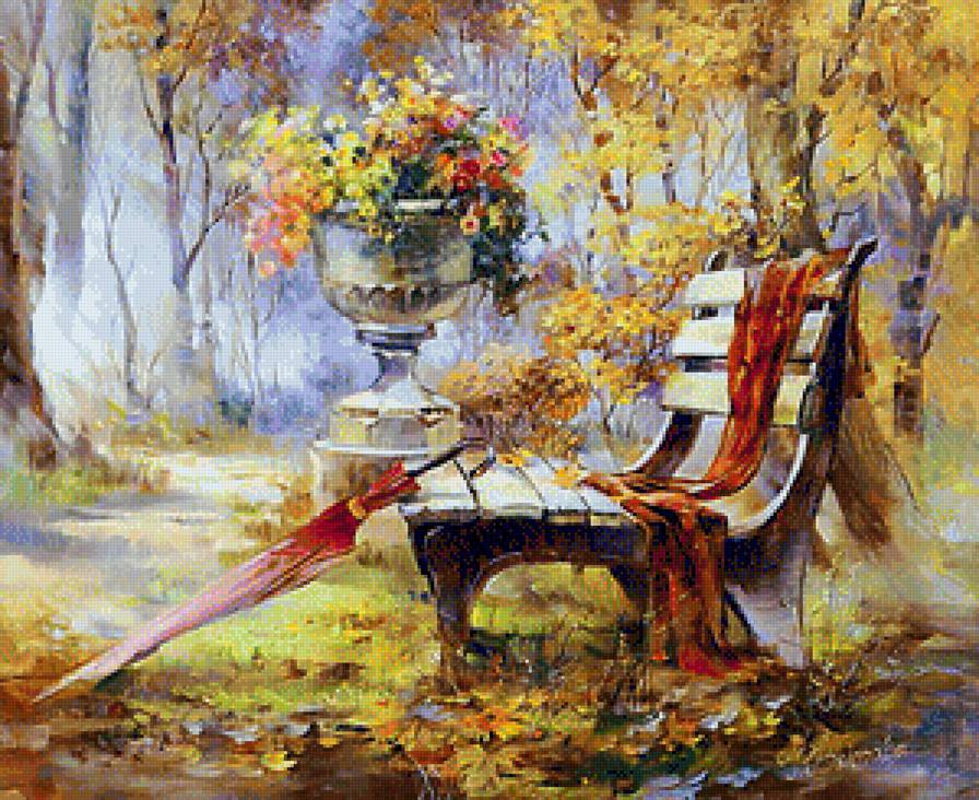 №1148077 - зонтик, живопись, скамейка, осень, природа, парк - предпросмотр