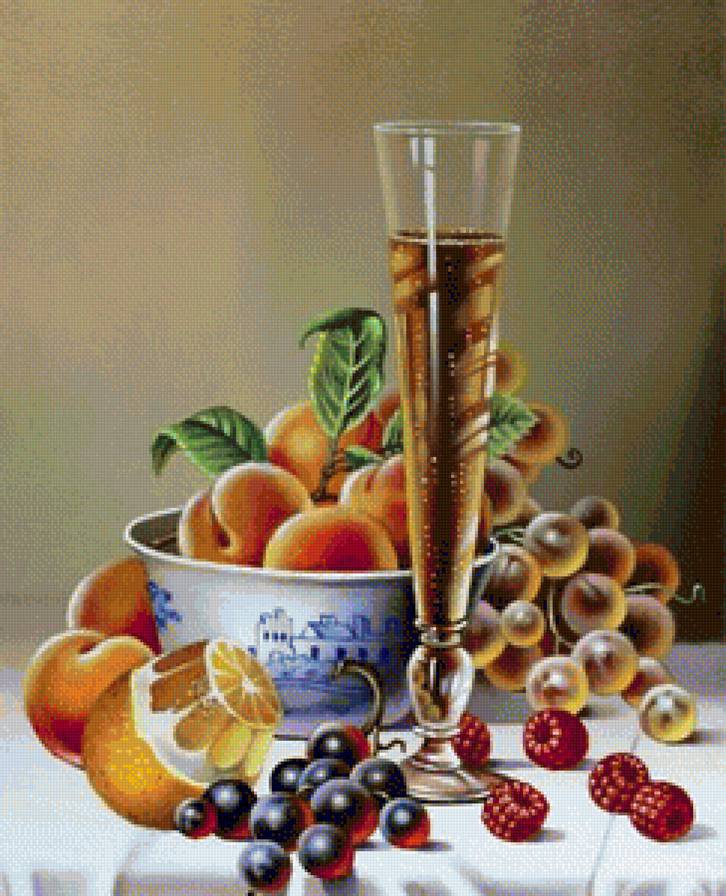 Натюрморт с шампанским - натюрморт, для кухни, ягоды, фрукты, шампанское - предпросмотр