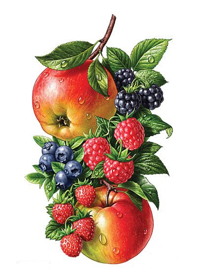 Фруктово-ягодное панно - ягоды, яблоки, фрукты, для кухни, черника, панно, малина - оригинал