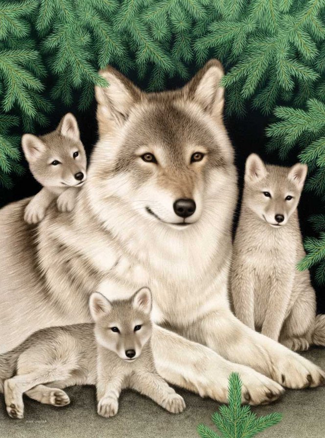 Волчье семейство - животные, волки, лес, мать и дети, природа, волчата - оригинал