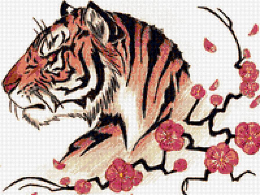 Тигр - вишня, животные, сакура, цветы, тигр - предпросмотр