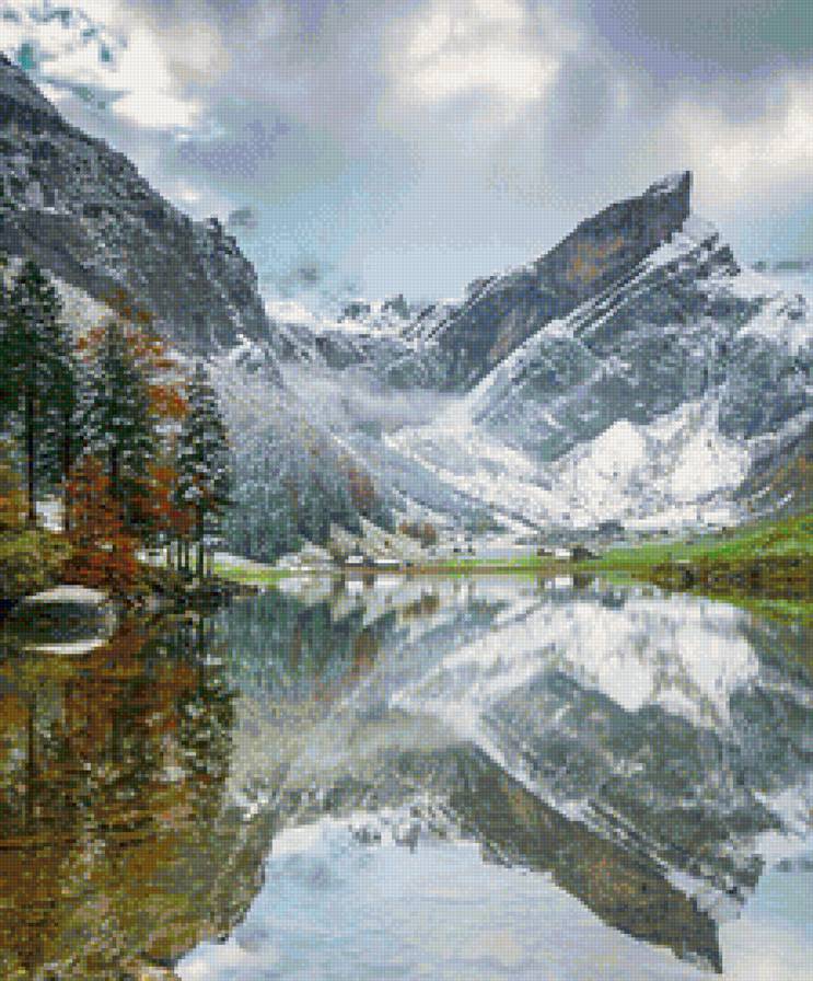 Горное озеро - горы, отражение, озеро, пейзаж, альпы, снег, вода, облака - предпросмотр