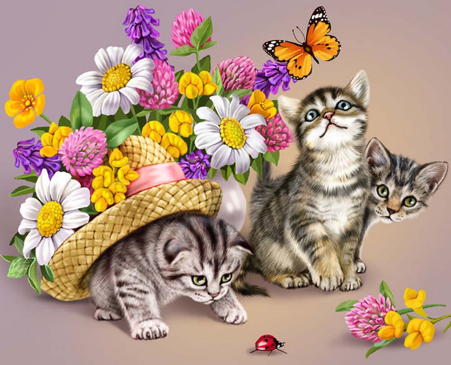 Котята и божья коровка - цветы, кошки, котята, коты, домашние питомцы, животные - оригинал