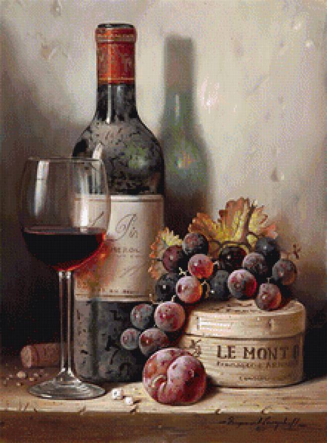 Натюрморт с вином и виноградом - картина, натюрморт - предпросмотр