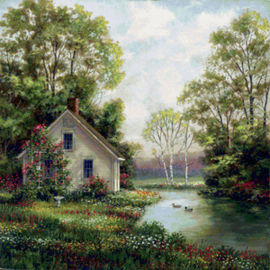 Домик у лесной речки - лето, природа, река, дом, цветы - предпросмотр