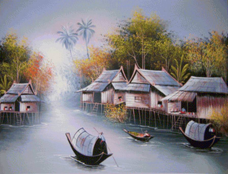 Пейзажи Азии.Тайланд - река, азия, тайланд, деревня, восток, пейзаж, лодка - предпросмотр