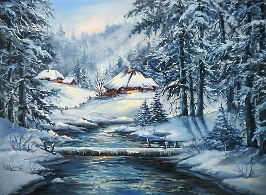 зимний пейзаж - дом, лес, зима, деревня, пейзаж, снег, река, дома - оригинал