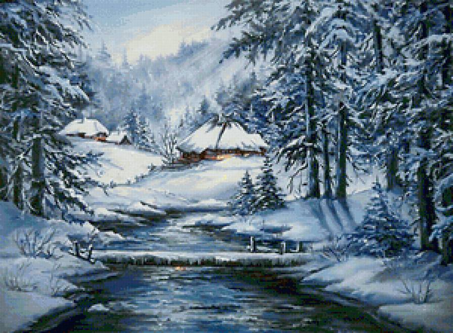 зимний пейзаж - лес, река, дома, пейзаж, снег, зима, деревня, дом - предпросмотр