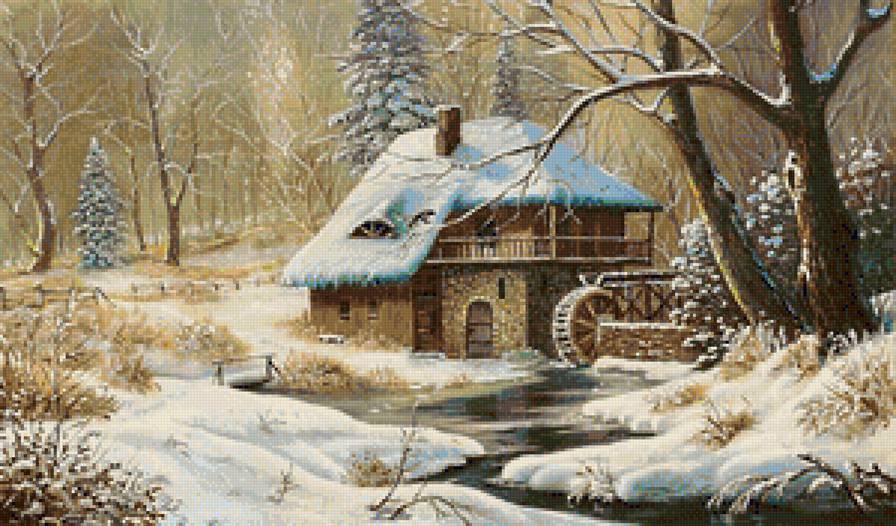 старая мельница - мельница, лес, пейзаж, снег, зима, дом, река - предпросмотр