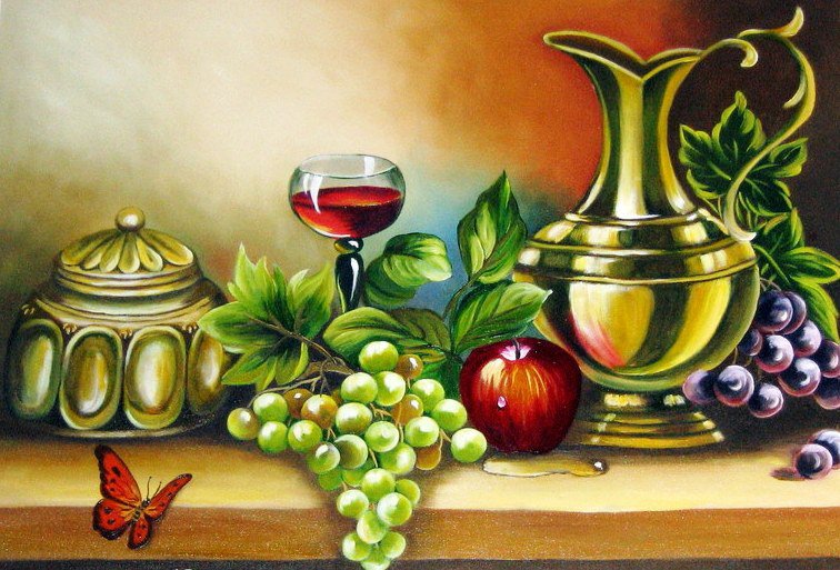 Натюрморт - фрукты, на кухню, виноград, вино, яблоко - оригинал