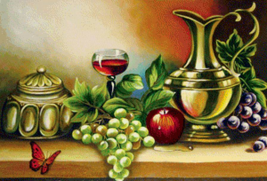 Натюрморт - вино, фрукты, на кухню, виноград, яблоко - предпросмотр