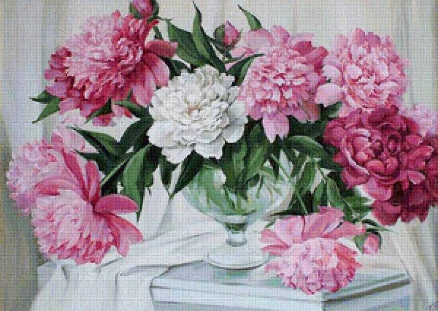 Пиончики - пионы в вазе, цветы в вазе, пионы, цветы, букет, живопись - предпросмотр