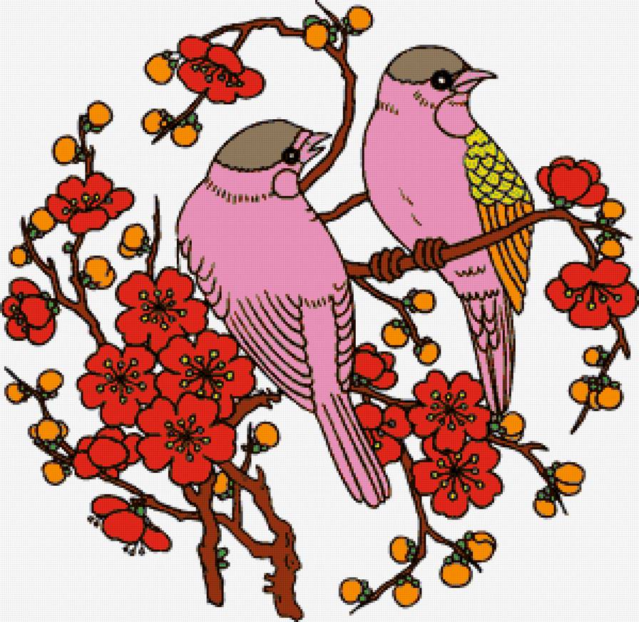 Птички - сакура, цветы, ветка, пара, птицы - предпросмотр