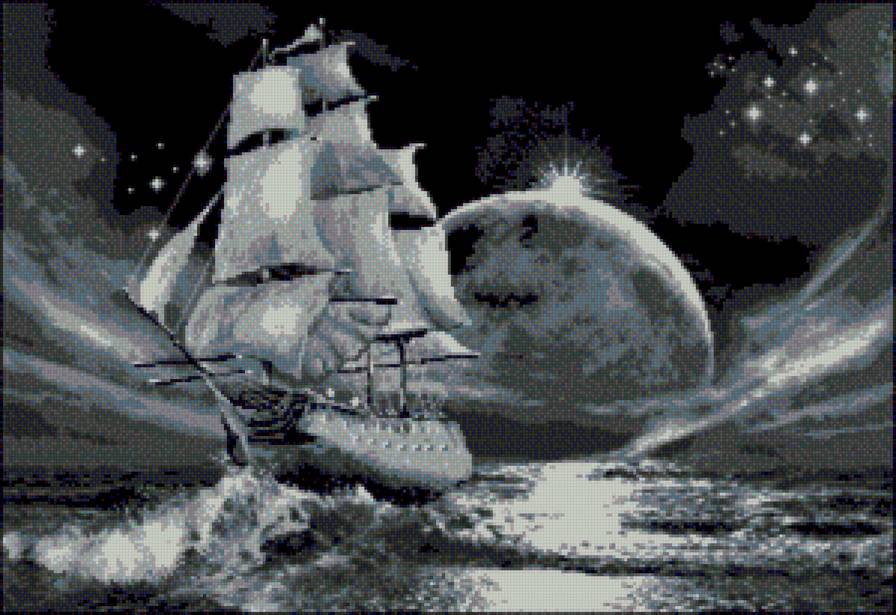 Луный путь - парусник, море, ночь, луна, волна - предпросмотр