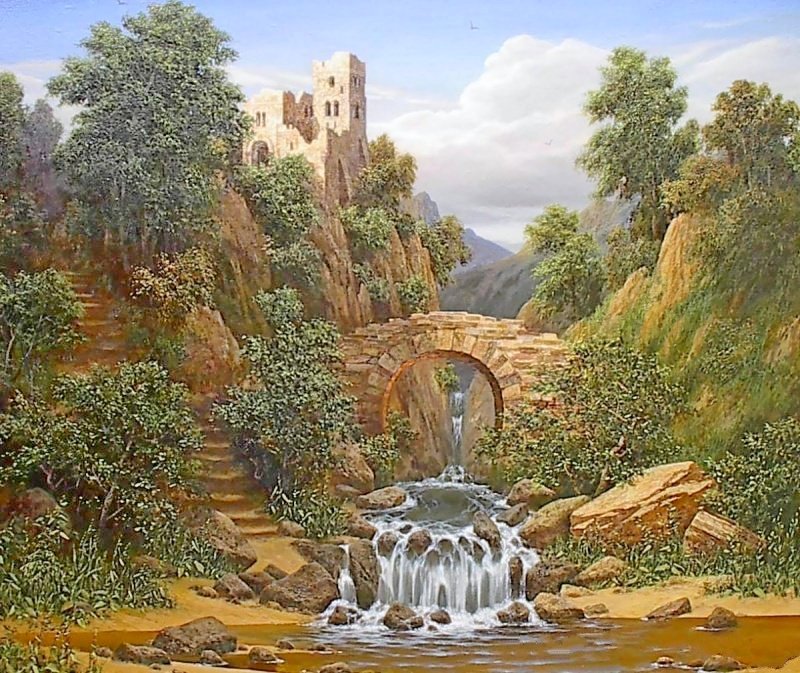 Пейзаж с водопадом и старой крепостью - лес, природа, крепость, горы, водопад - оригинал