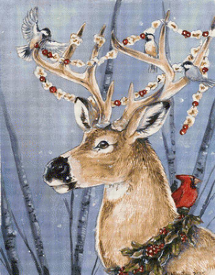 Новый Год! - праздник, олени, новый год, птичка - предпросмотр