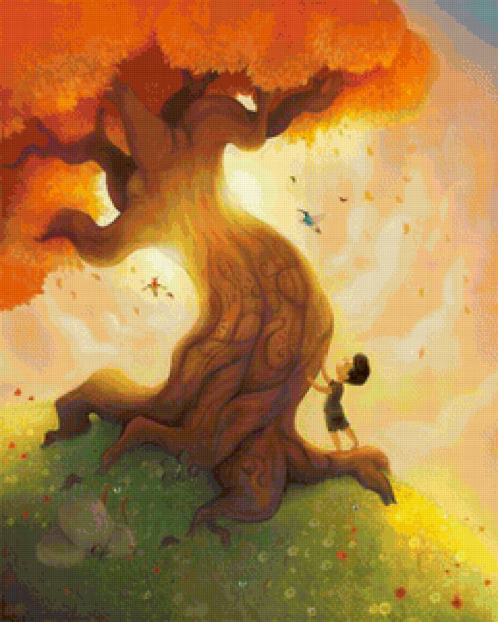 древо - дерево, мальчик, закат - предпросмотр