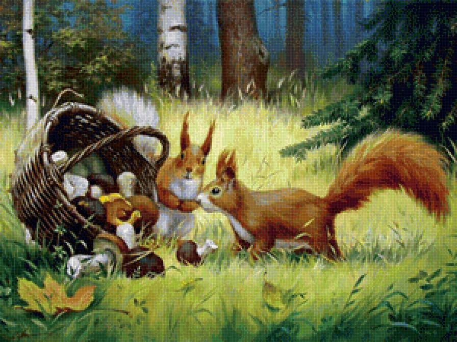 белки и лукошко с грибами - предпросмотр