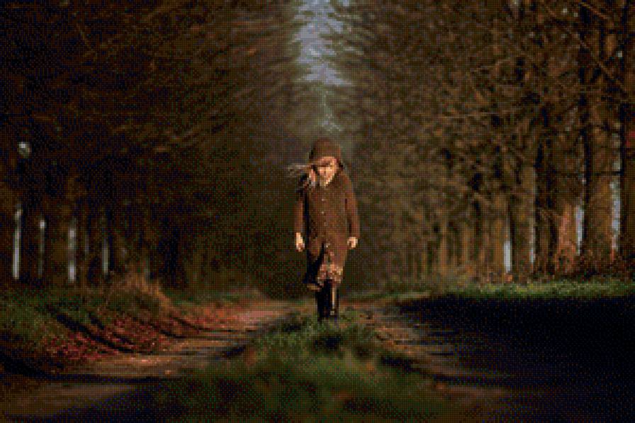 Идущая - лес, дорога, осень, девочка - предпросмотр