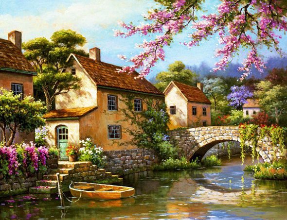 Деревня на реке - лето, цветы, дом, река, природа - оригинал