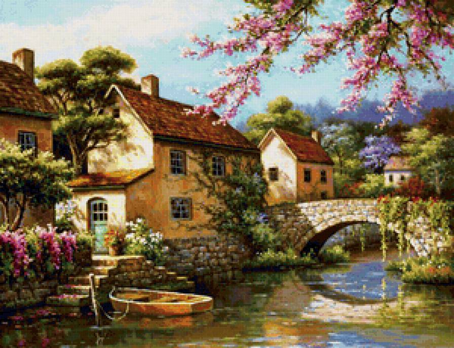 Деревня на реке - река, лето, цветы, дом, природа - предпросмотр