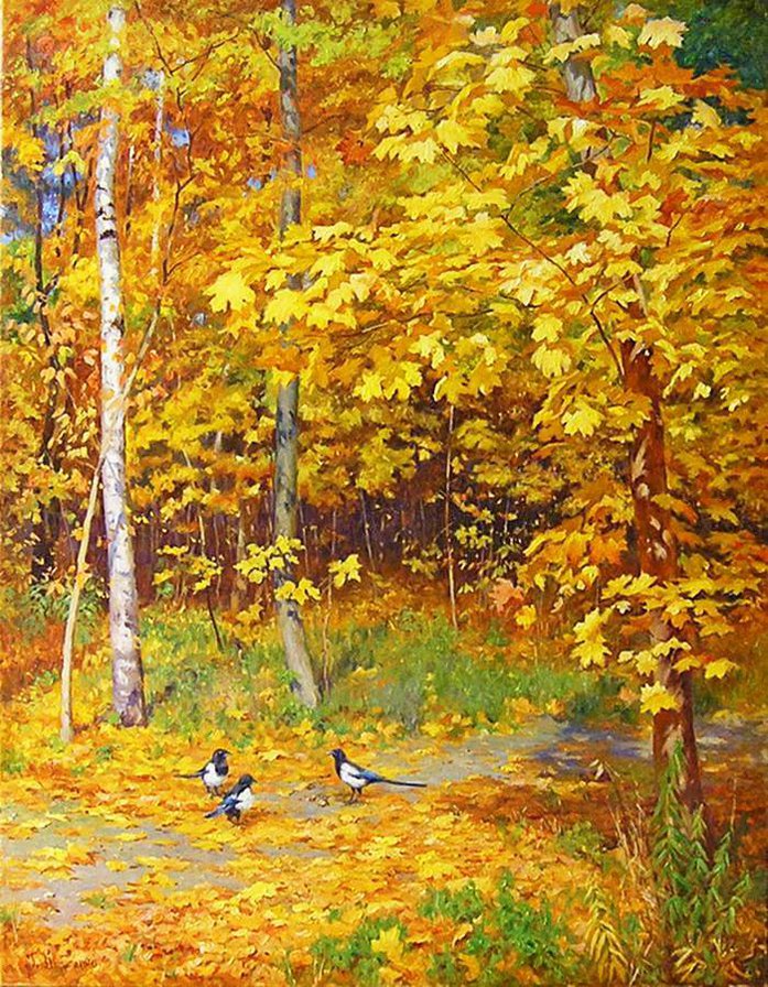 Золотая осень - пейзаж, лес, сороки - оригинал