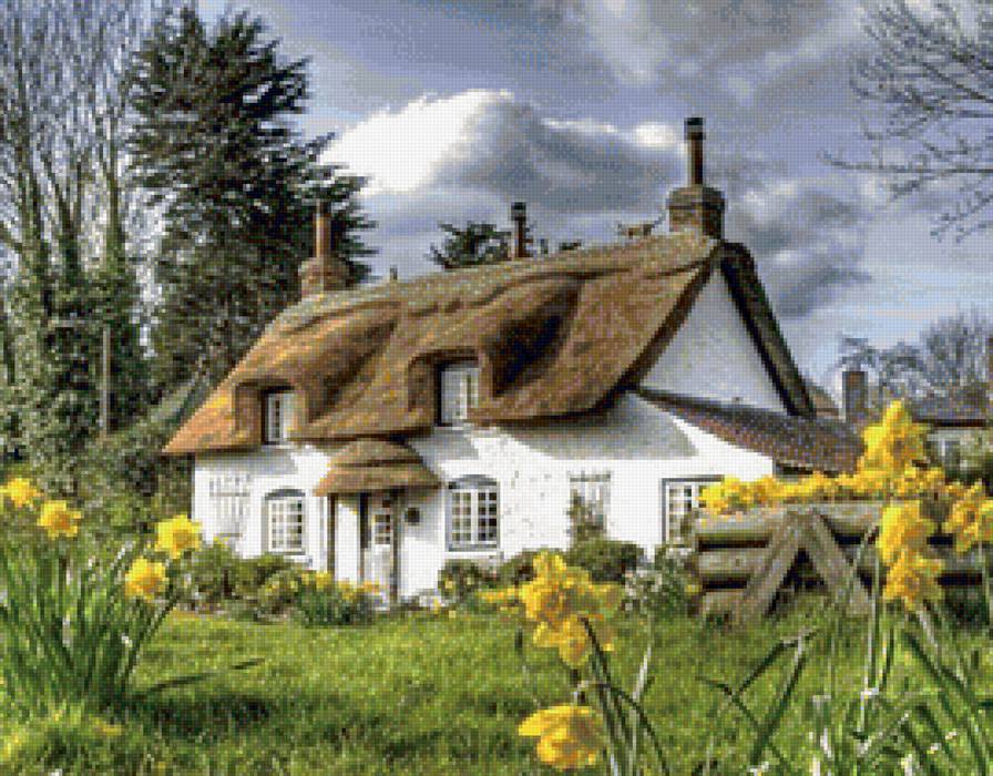 Викторианский домик - англия, нарциссы, желтые цветы, цветы, весна, сад, дом - предпросмотр