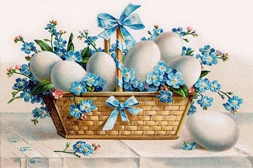 Пасхальный натюрморт - пасха, натюрморт, яйца, для кухни, цветы, букет, голубые цветы - оригинал