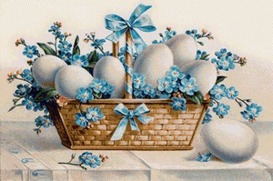 Пасхальный натюрморт - натюрморт, голубые цветы, букет, яйца, пасха, для кухни, цветы - предпросмотр