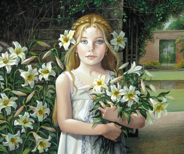 девочка с лилиями - ребенок, лилии, девочка, портрет, живопись, картина, дети, цветы - оригинал