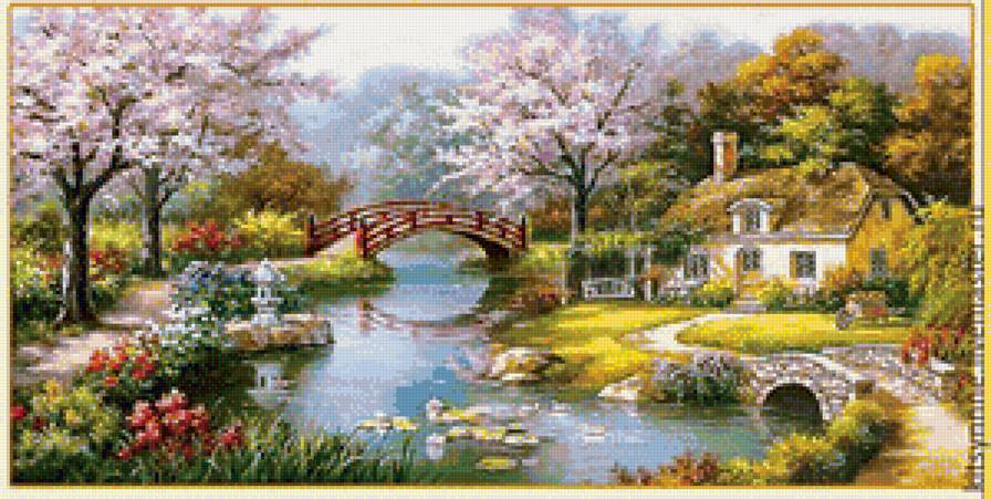 Дом у реки - вышивка крестом - предпросмотр