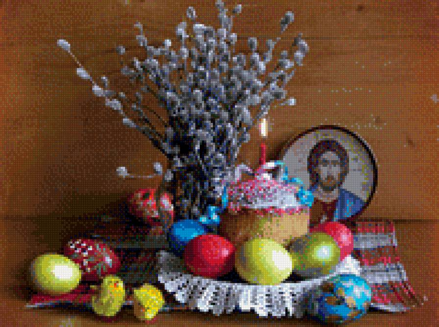 пасхальный натюрморт - крашенные яйца, пасха, букет, праздник - предпросмотр