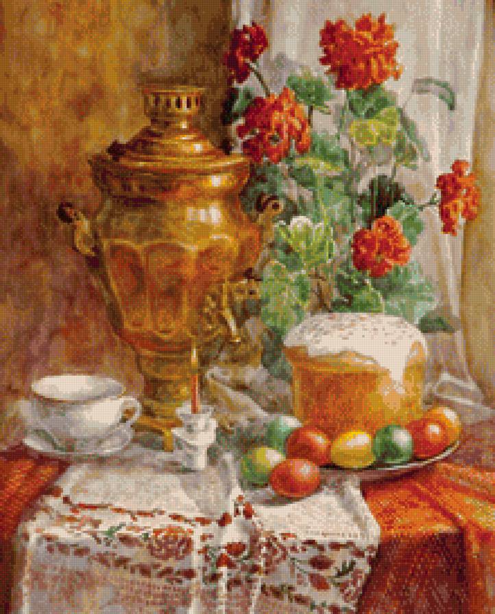 пасхальный натюрморт - кулич, праздник, самовар, пасха - предпросмотр
