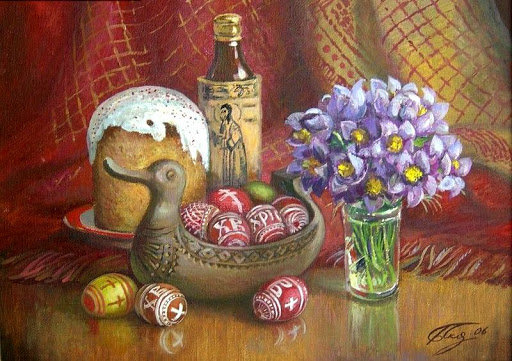 пасхальный натюрморт - букет, крашенные яйца, праздник, пасха - оригинал