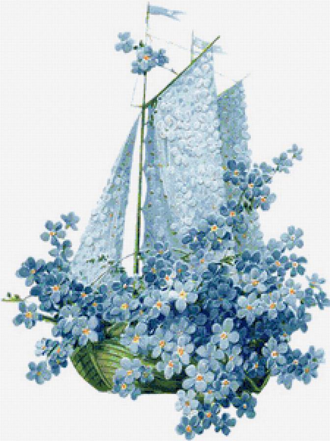 Под голубыми парусами - парусник, цветы, парус, незабудки, букет, голубые цветы, панель - предпросмотр