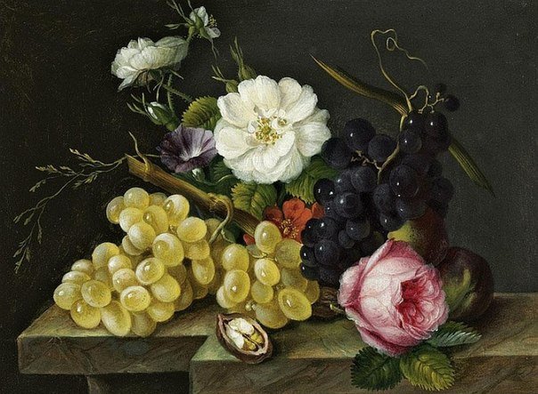 натюрморт с виноградом - натюрморт, цветы, фрукты, картина - оригинал