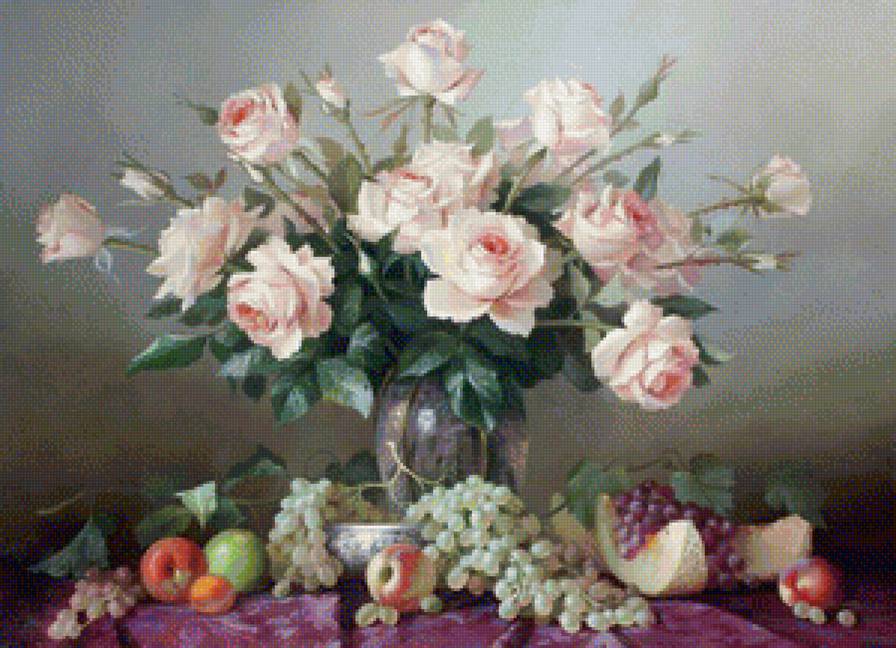 натюрморт с розами - цветы, фрукты, розы, натюрморт - предпросмотр