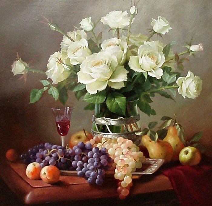 натюрморт с розами - цветы, натюрморт, фрукты, картина, розы - оригинал