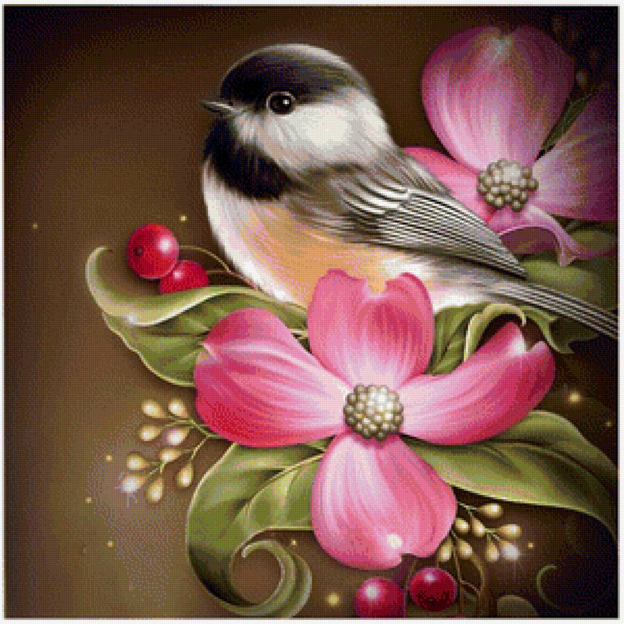 птичка в цветах - птицы, цветы, природа - предпросмотр