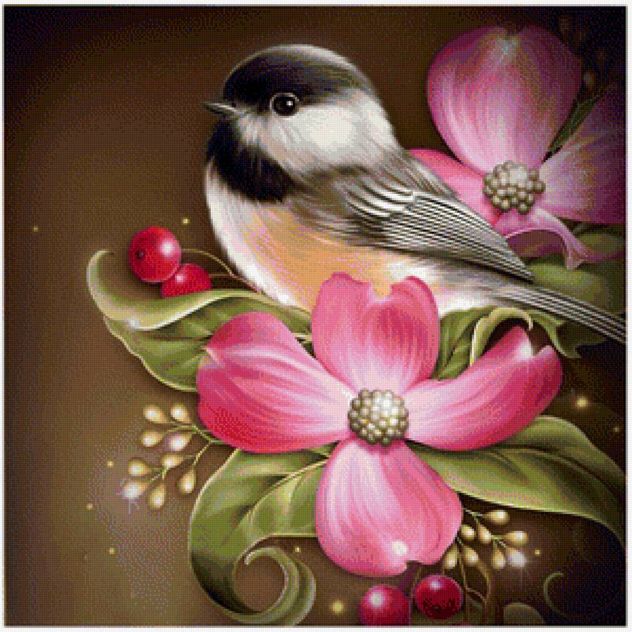 птичка в цветах - природа, птицы, цветы - предпросмотр