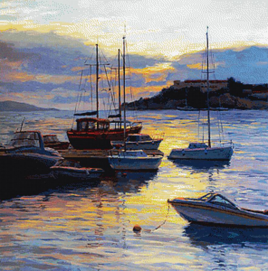 Лодки на закате - море. закат, лодки - предпросмотр