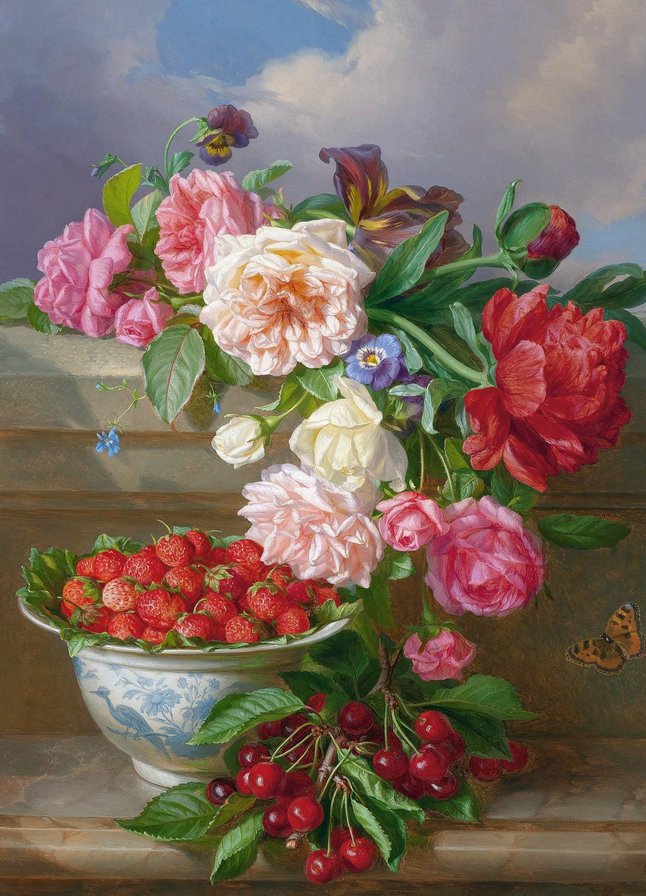 натюрморт с вишней - натюрморт, фрукты, ягоды, цветы, картина, розы - оригинал