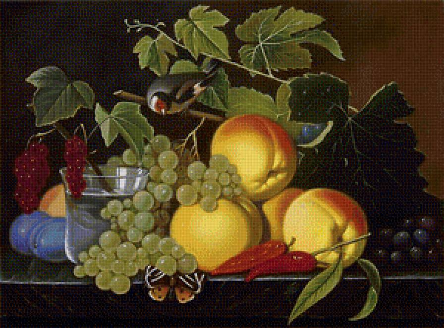 натюрморт с птичкой - картина, виноград, фрукты, птицы, натюрморт - предпросмотр