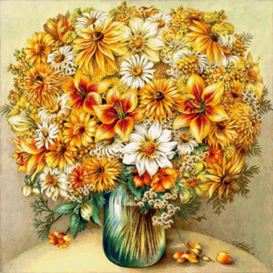 Осенний букет - букет, лилии, цветы, желтые цветы, натюрморт, цветы в вазе, ромашки - предпросмотр