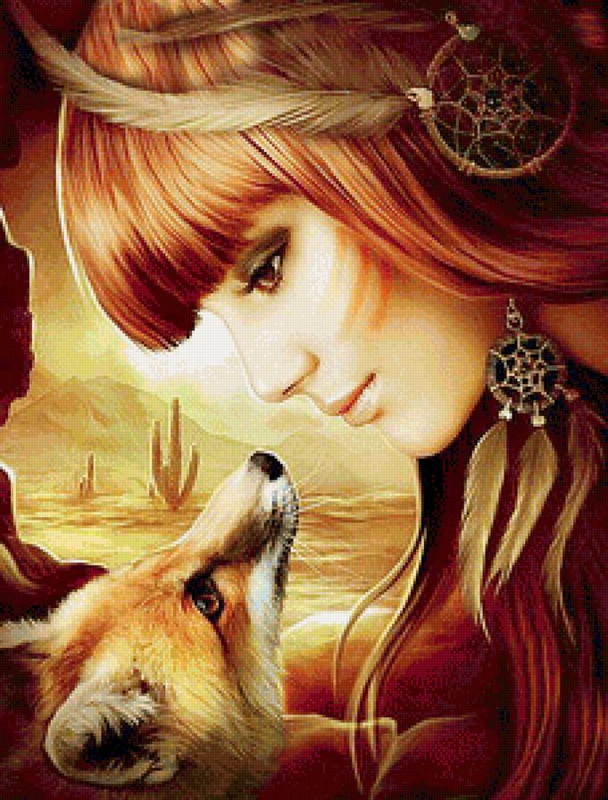 Девушка и лисичка - сюжетные картины - предпросмотр