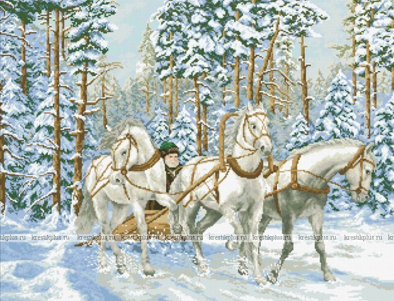 тройка лошадей в зимнем лесу - оригинал