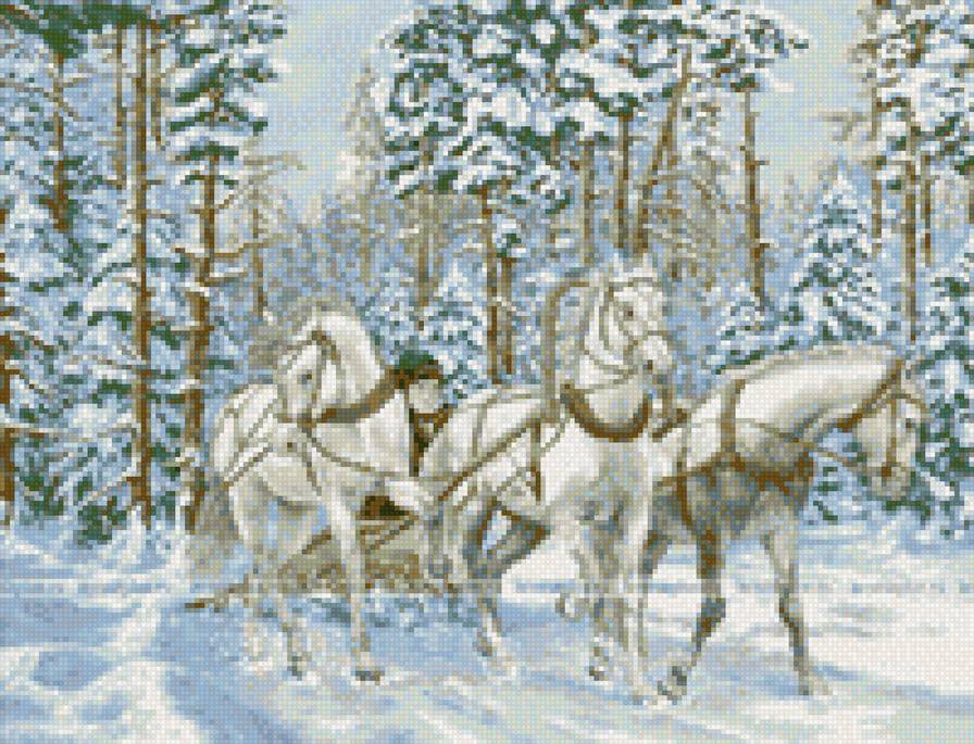 тройка лошадей в зимнем лесу - предпросмотр