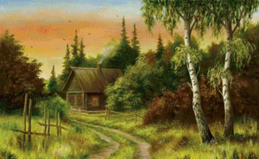 деревенский пейзаж, закат - пейзаж, картина, природа, лес - предпросмотр